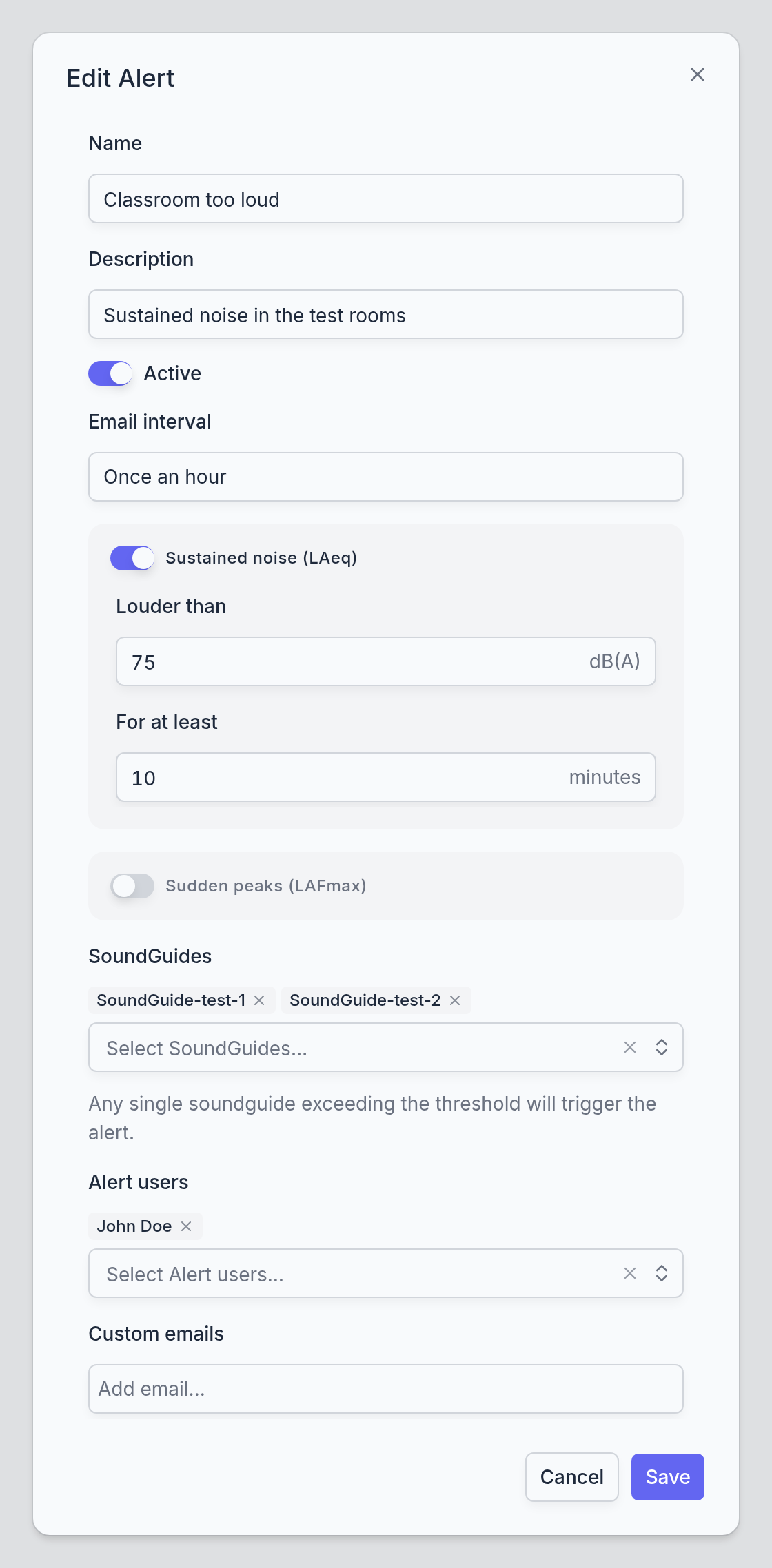 The alert dialog with the fields Name, Description, Active, Email interval, the Sustained noise and Sudden peaks switches, SoundGuides, Alert users, and Custom emails