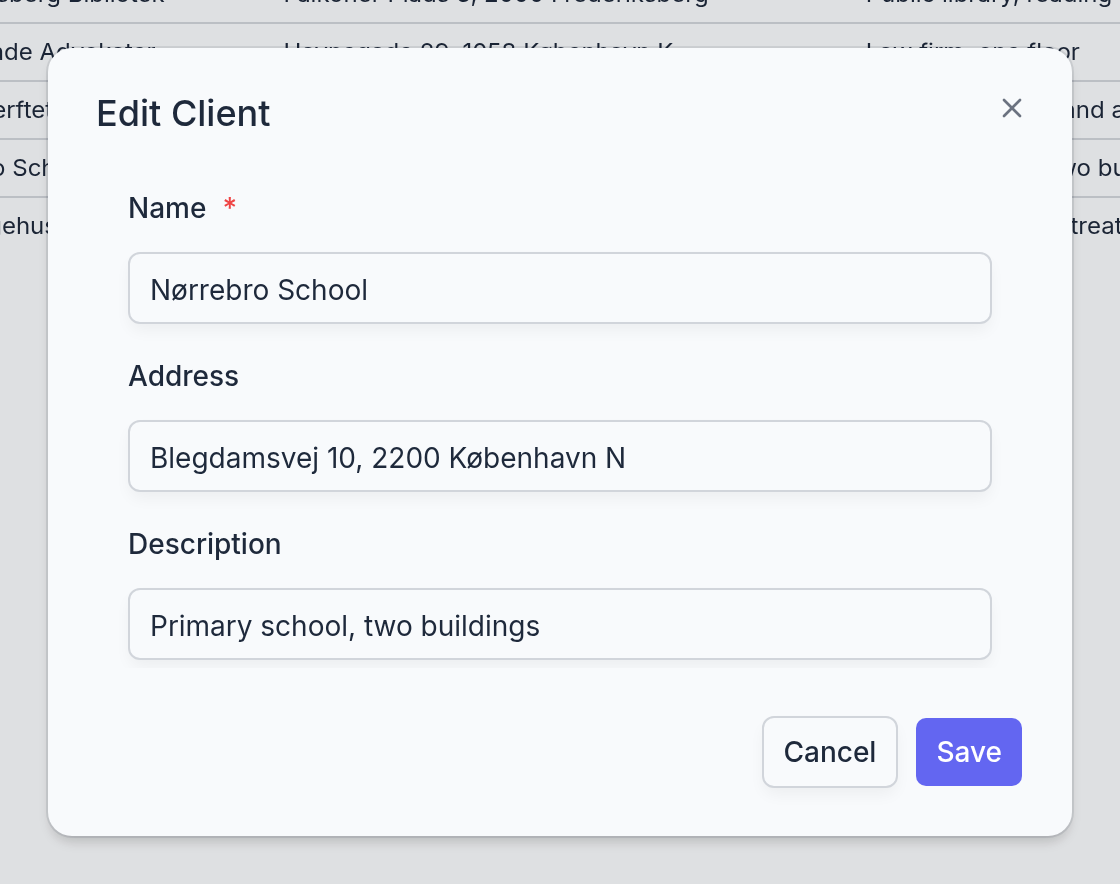 The client dialog with the Name, Address, and Description fields