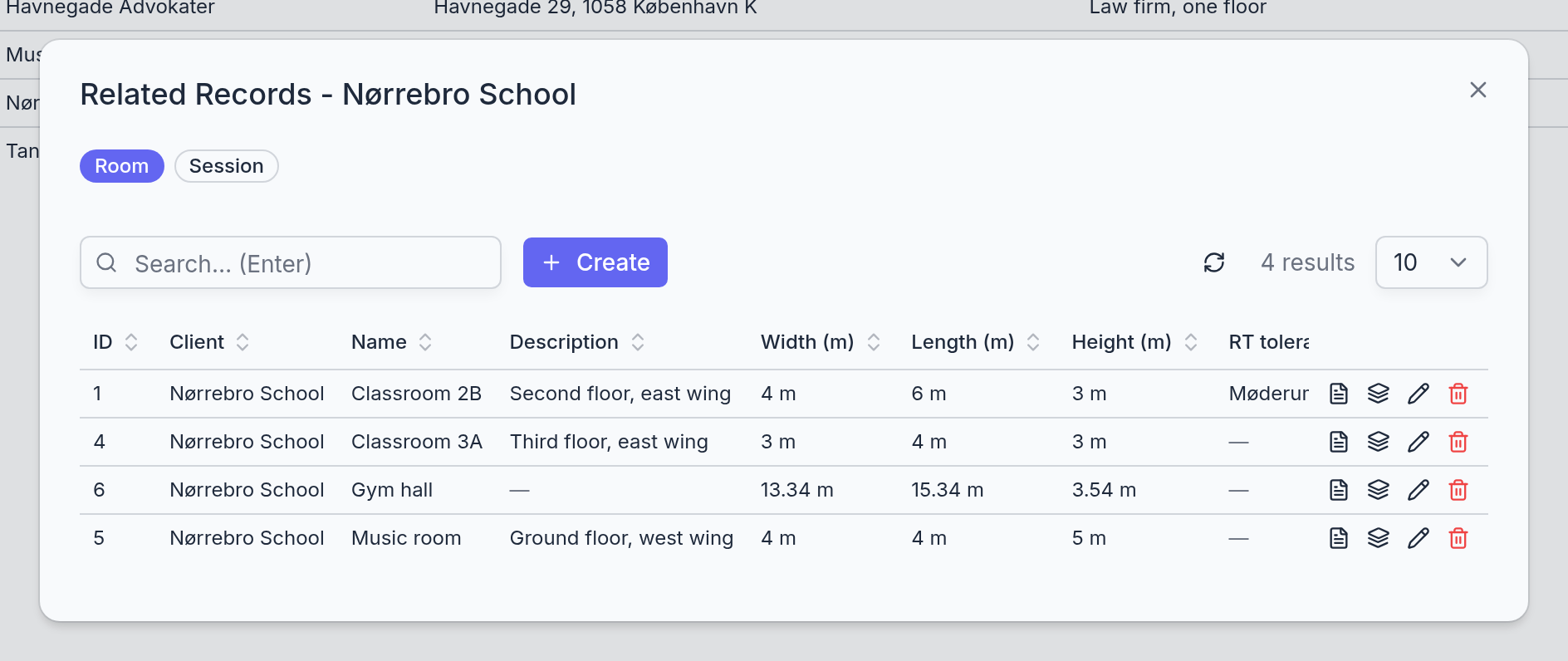 The related records dialog of a client, with a Rooms tab listing its rooms and a Sessions tab