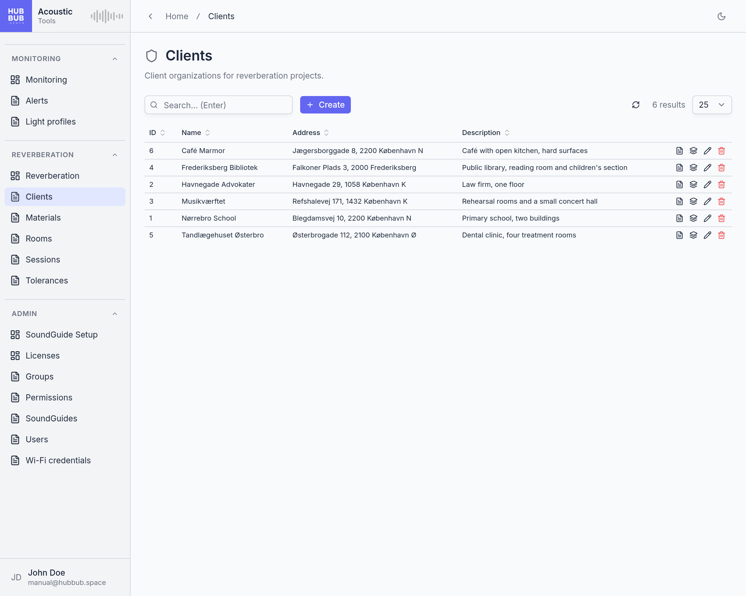 The Clients page: a table of clients with their name, address, and description