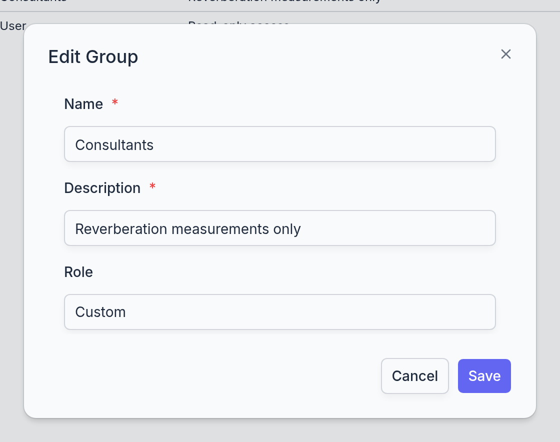 The group dialog: name, description, and role