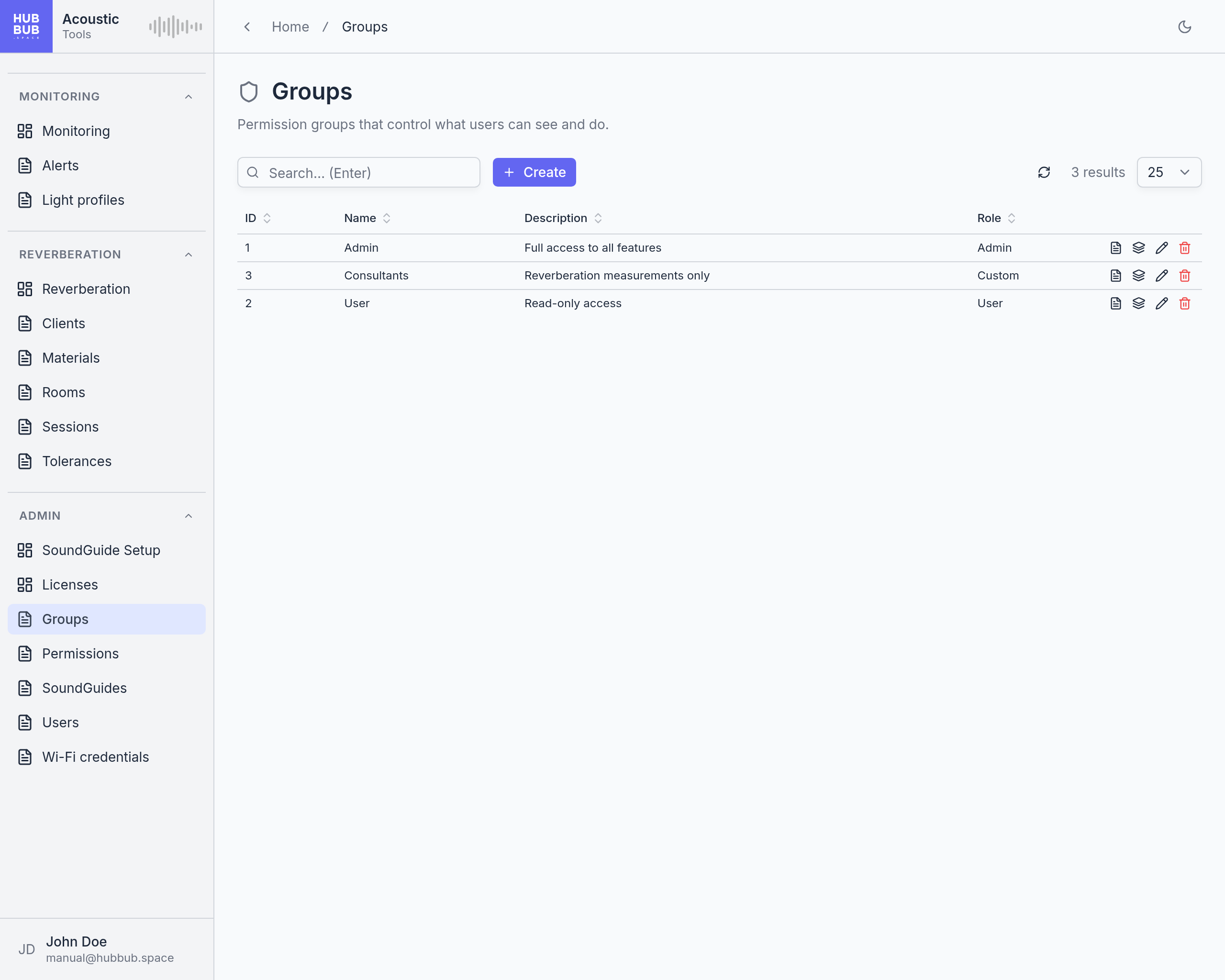 The Groups page: a table with the Admin, User, and Consultants groups, each with a description and a role