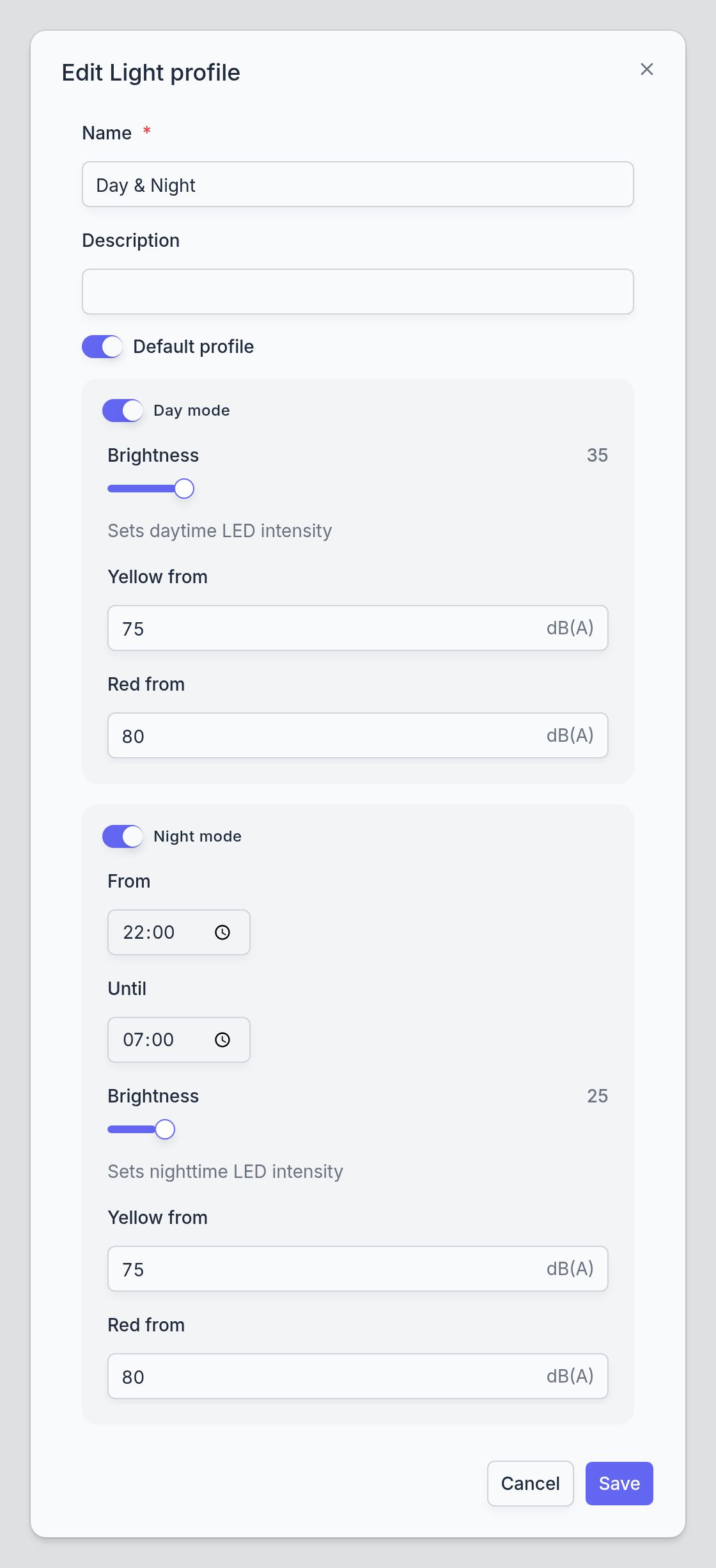 The light profile dialog with the Day mode and Night mode cards open