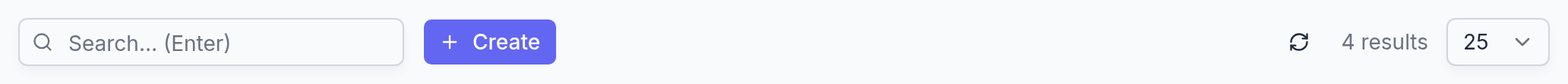The toolbar of a list page: search box, Create button, refresh, result count, and page size