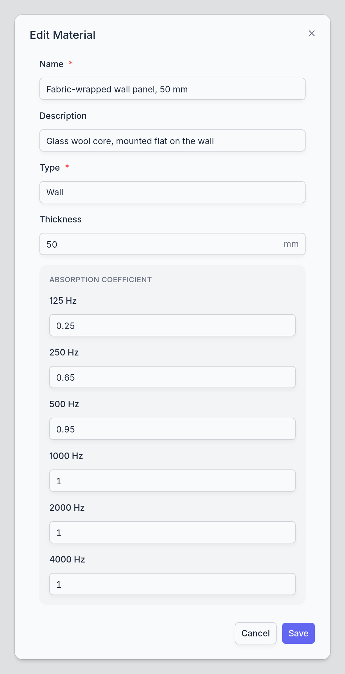 The material dialog: name, description, material type, thickness, and the six absorption coefficients