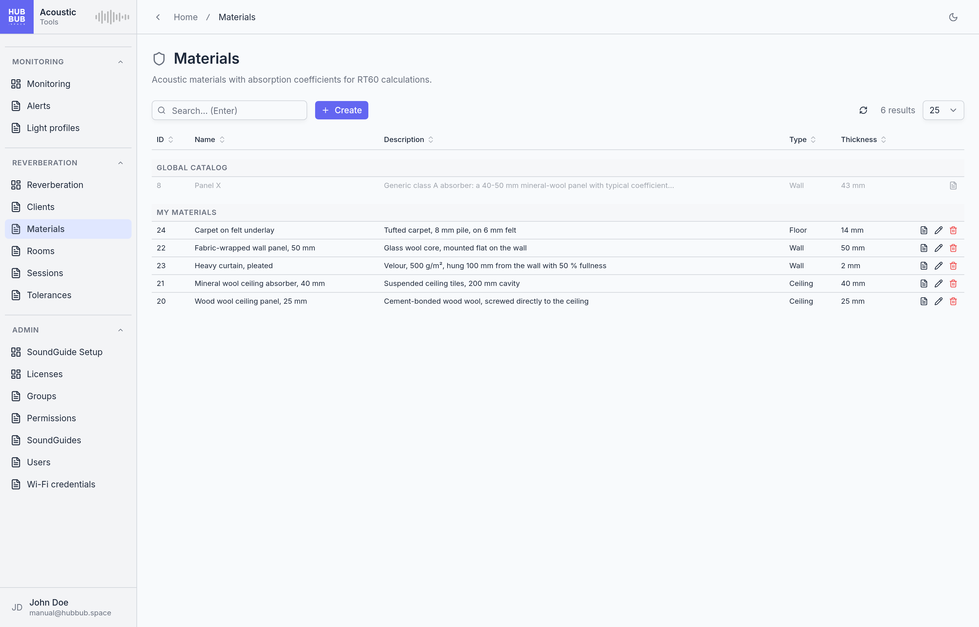 The Materials page: a greyed Global catalog section with one generic panel, and a My materials section with the organisation's own materials