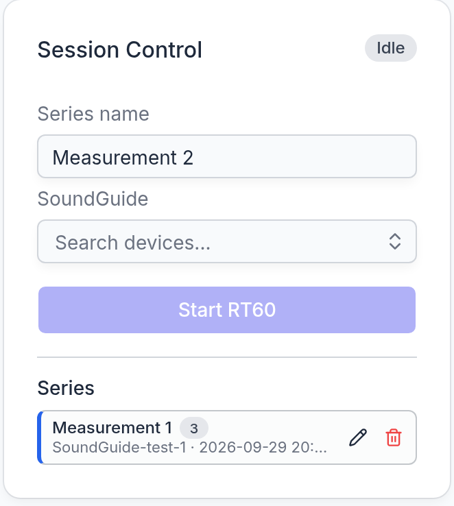 The Session Control card: status badge, series name, device picker, Start button, and the list of series