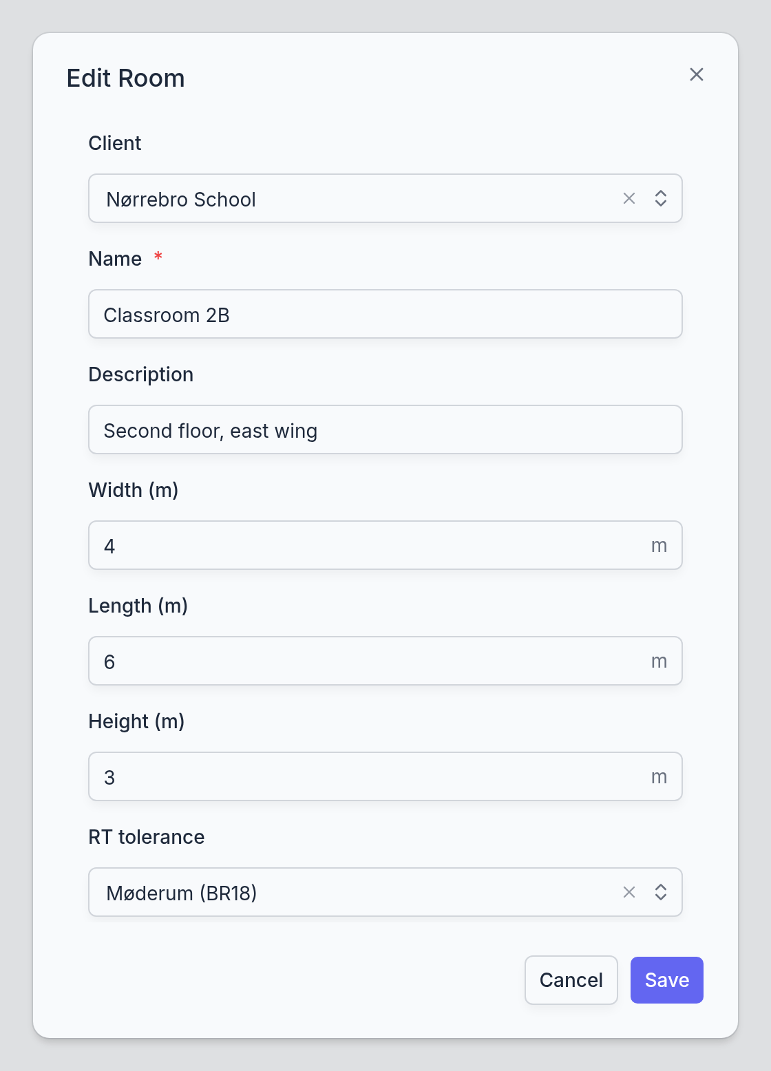 The room dialog: client, name, description, width, length, height in metres, and the tolerance