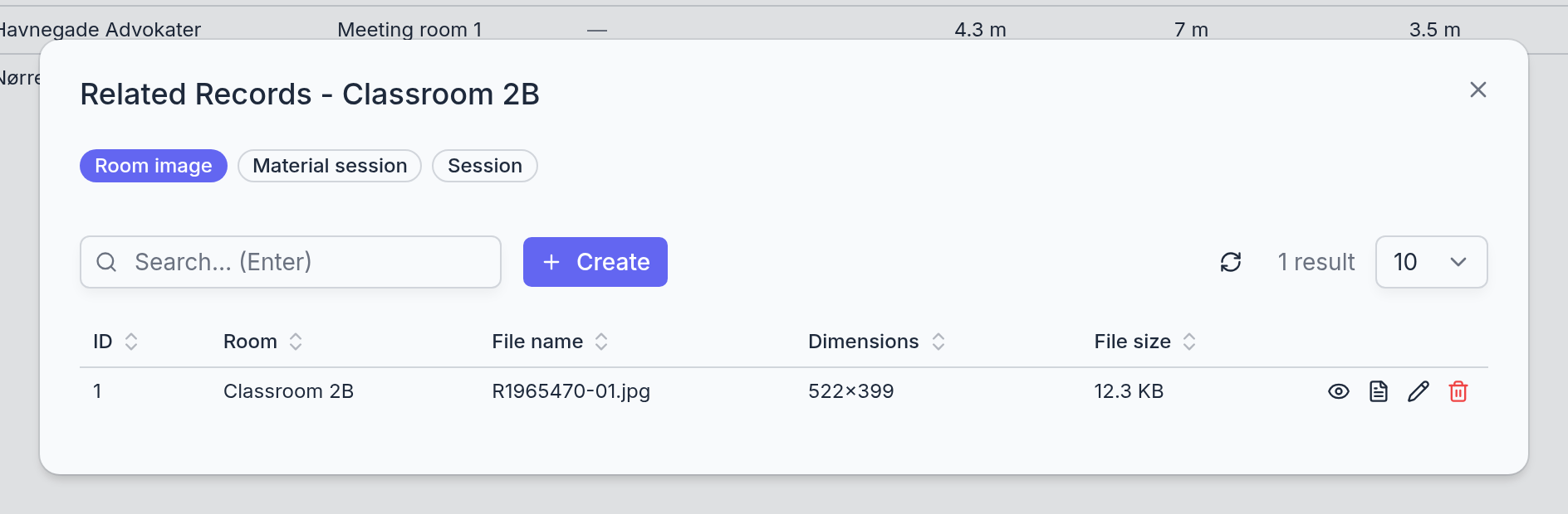 The related records dialog of a room on the Room image tab, listing one photo with its file name, dimensions, and size