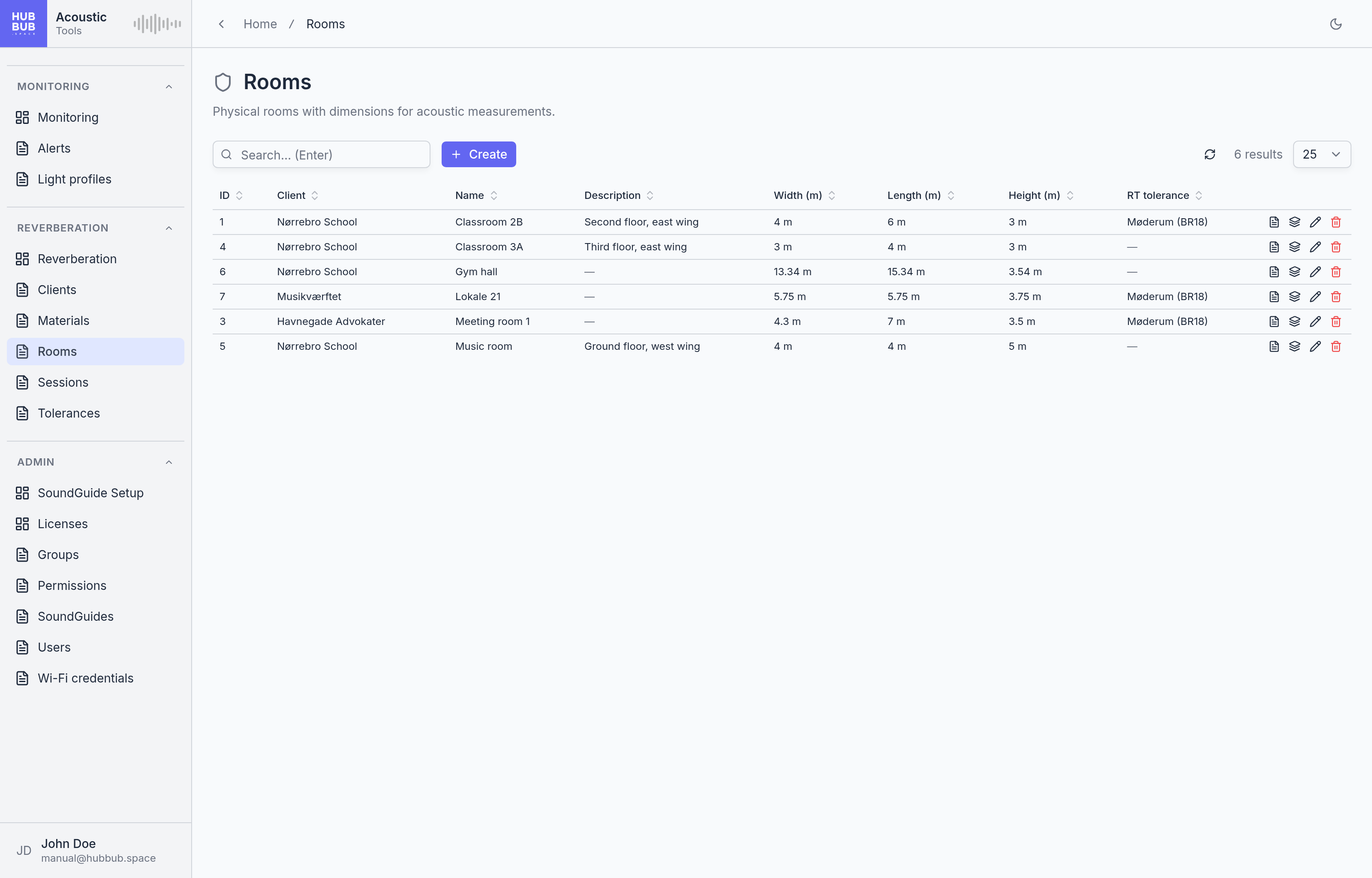 The Rooms page: a table of rooms with their client, name, description, dimensions in metres, and tolerance