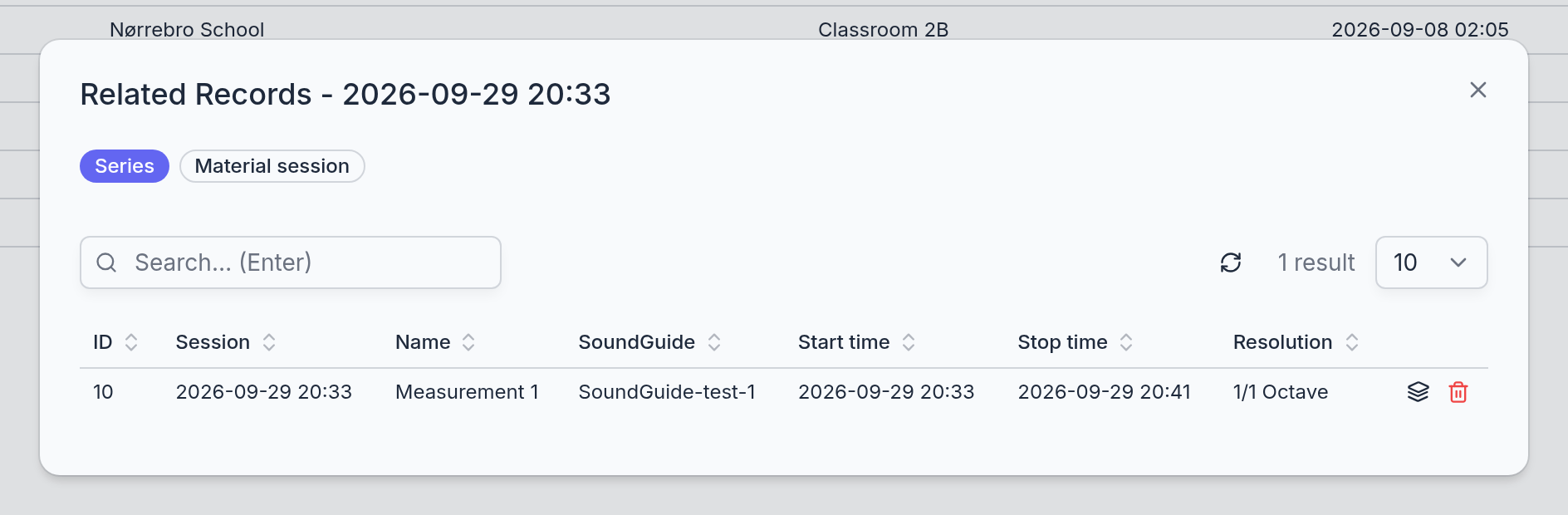 The related records dialog of a session on the Series tab: one finished series with its device, start and stop time, and resolution