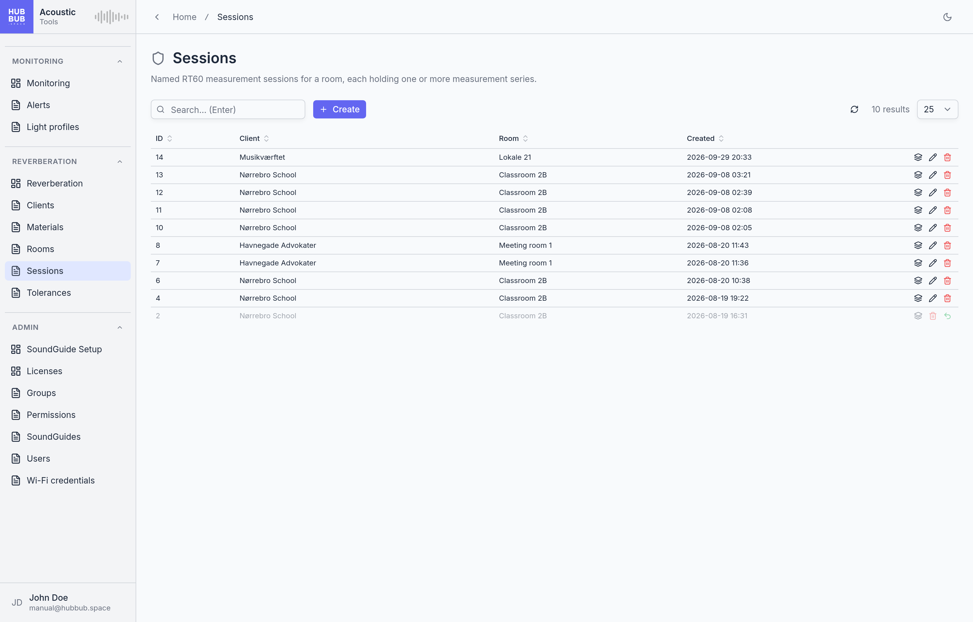 The Sessions page: a table of sessions with their client, room, and creation time; the last row is greyed because it is deleted