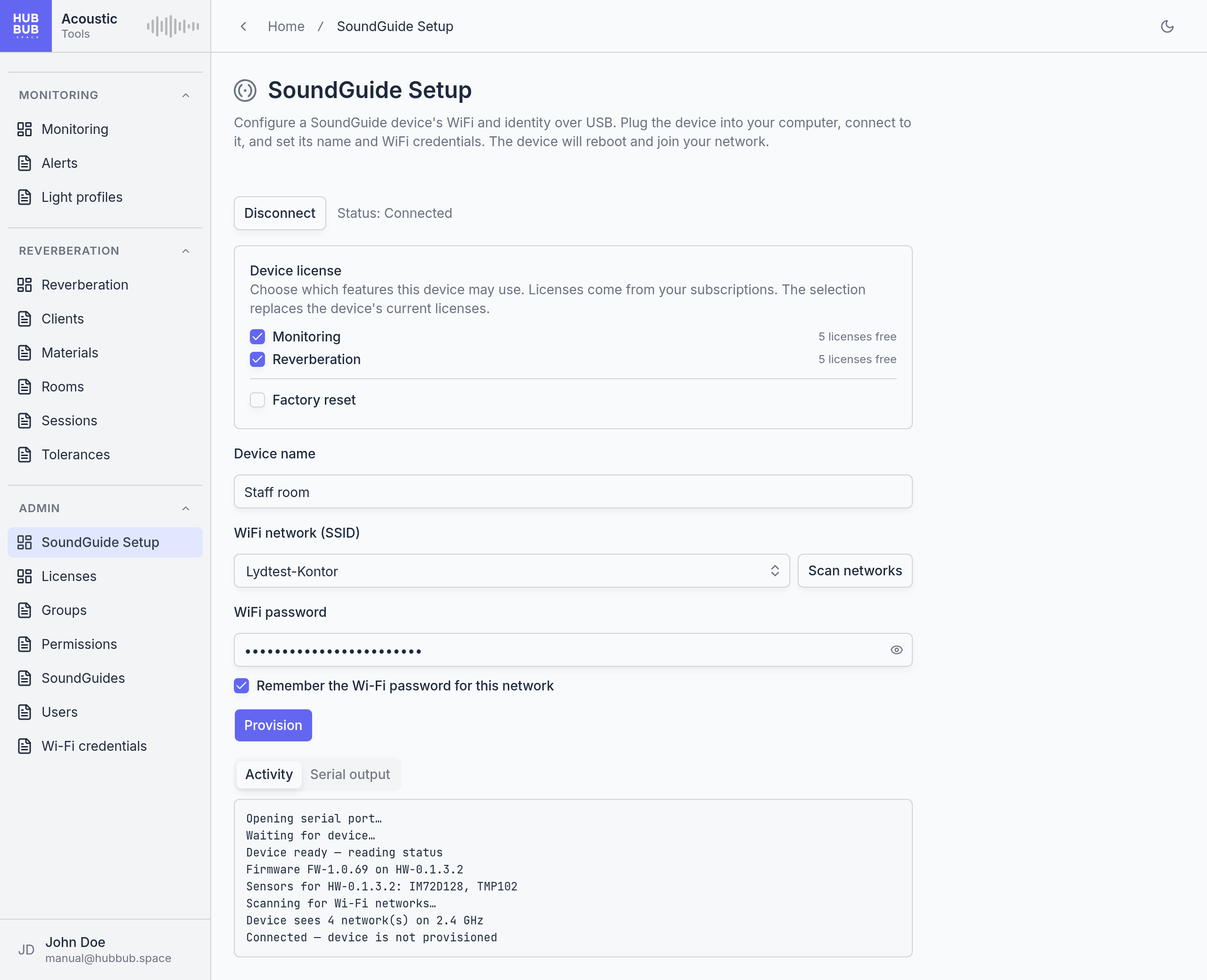 The page with a device connected: both licences ticked, a device name, a network chosen from the list, a masked password, the Provision button, and the Activity log of the connection