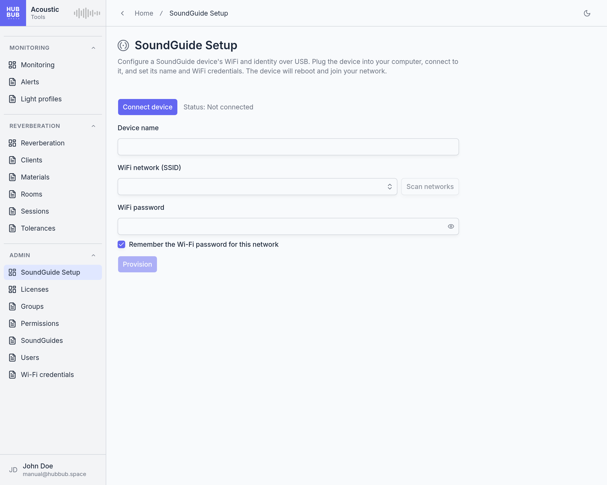 The SoundGuide Setup page before a device is connected: a short explanation, the Connect device button, and Status: Not connected