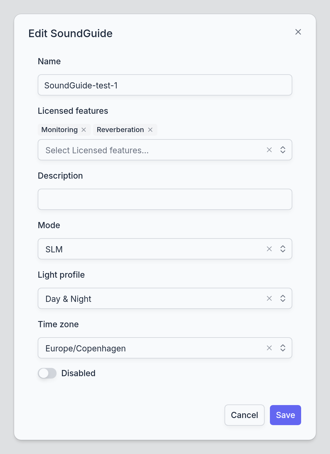 The SoundGuide dialog: name, licensed features, description, mode, light profile, time zone, and a Disabled switch