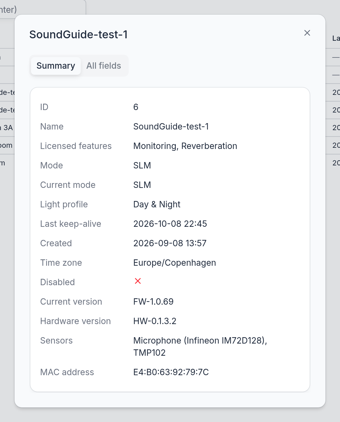 The detail view of a device: its settings, status, firmware and hardware versions, sensors, and MAC address