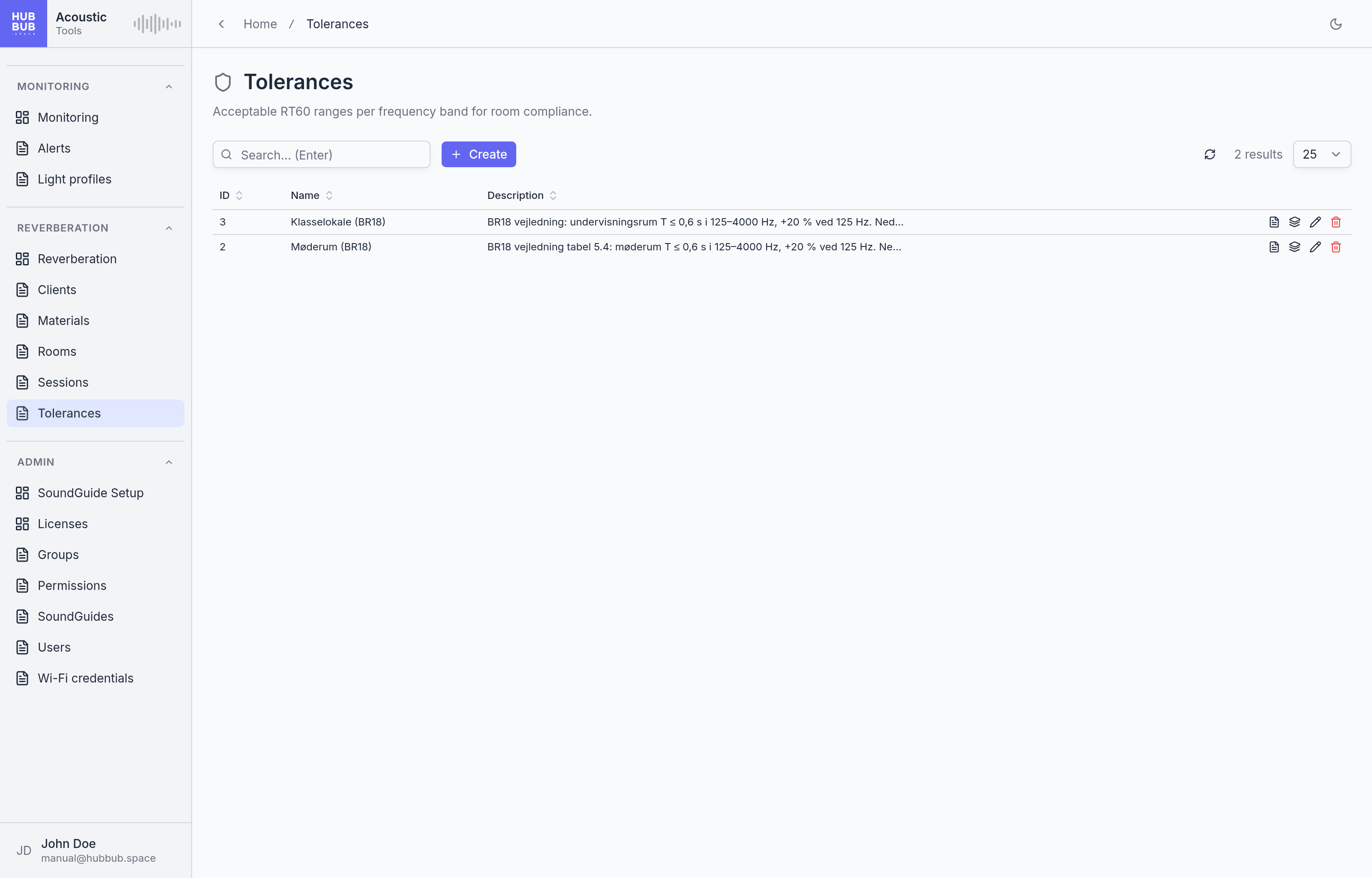 The Tolerances page: a table of tolerances with a name and a description, one for meeting rooms and one for classrooms