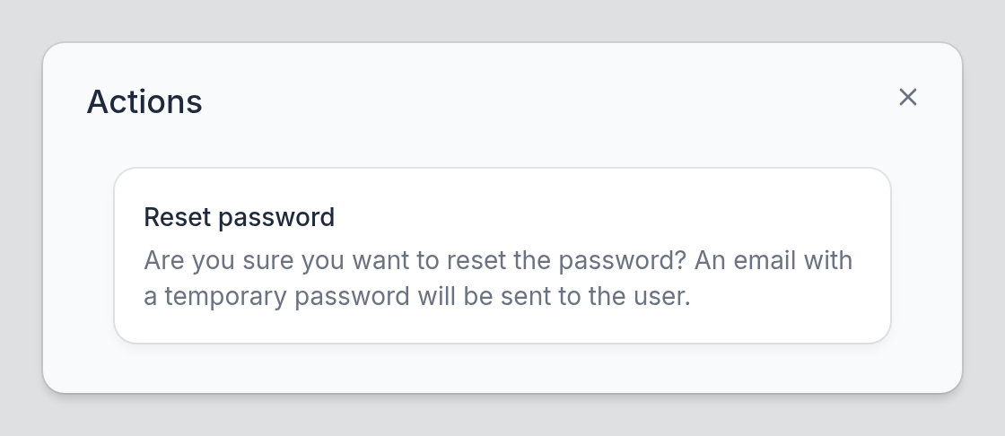 The Actions dialog of a user, with Reset password