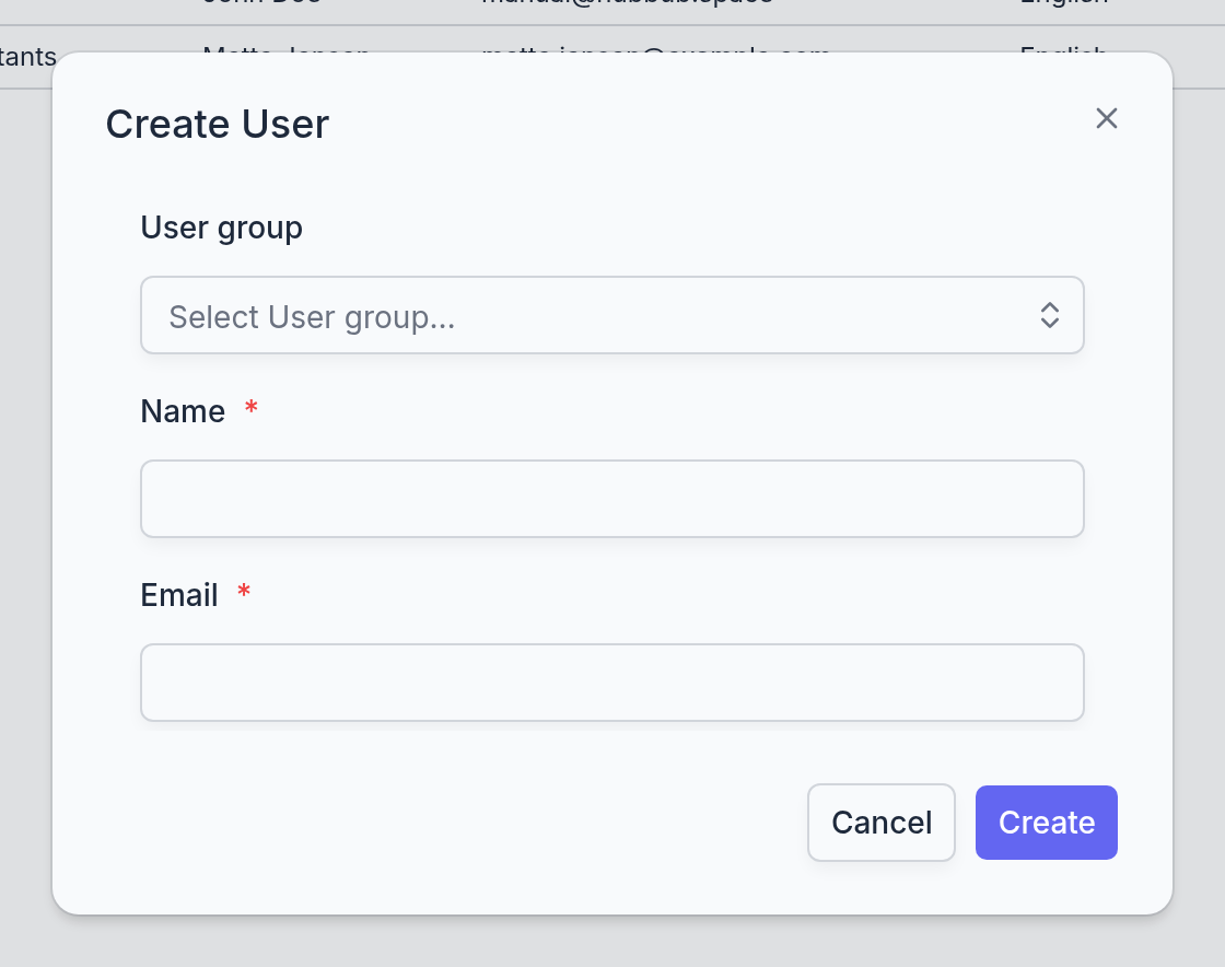 The Create User dialog: user group, name, and e-mail