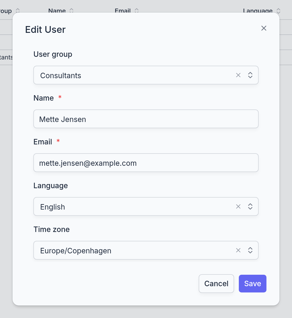 The Edit User dialog: user group, name, e-mail, language, and time zone