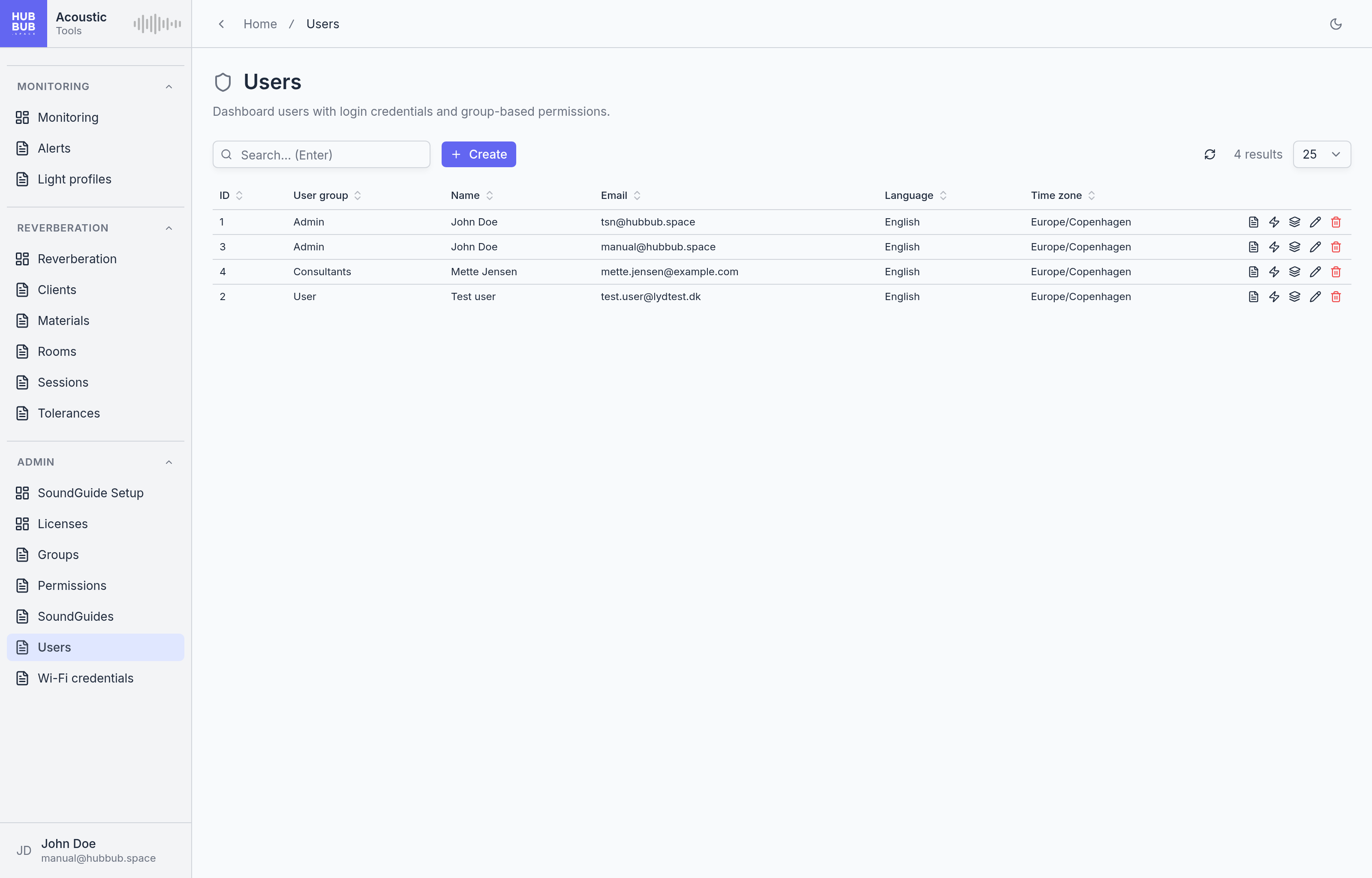 The Users page: a table of users with their group, name, e-mail, language, and time zone