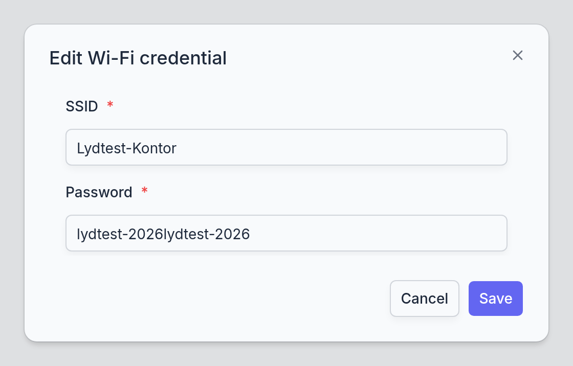 The Wi-Fi credential dialog: SSID and password